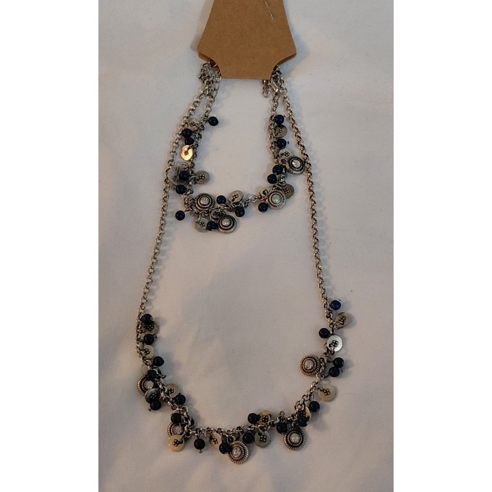 Silver Tone Layered Necklace Set Navy Blue Beads Rhinestone Charm Statement